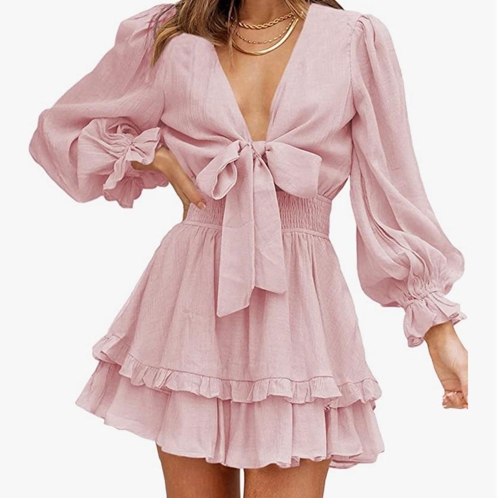 Womens Spring Summer Knot Front V Neck Ruffles Long Sleeve Floral Print Swing